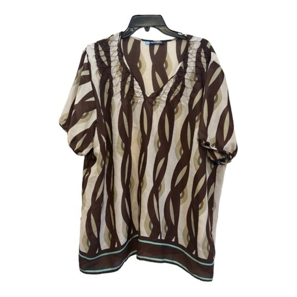 Penningtons Womens Chiffon Blouse Retro Print Brown Turquoise Size 3X
